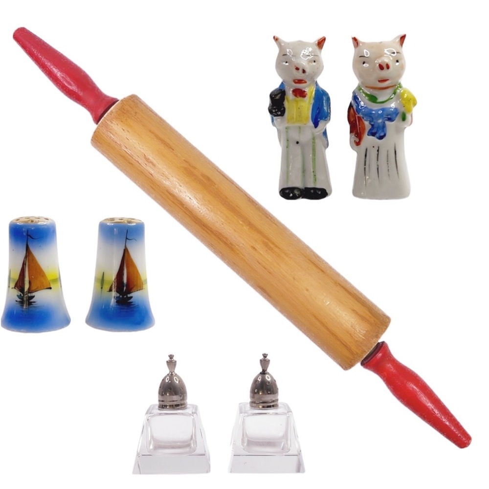 Free 3 S&P Shakers Vintage Heavy Wooden Rolling Pin‎ Handles Metal Rod Pie Crust
